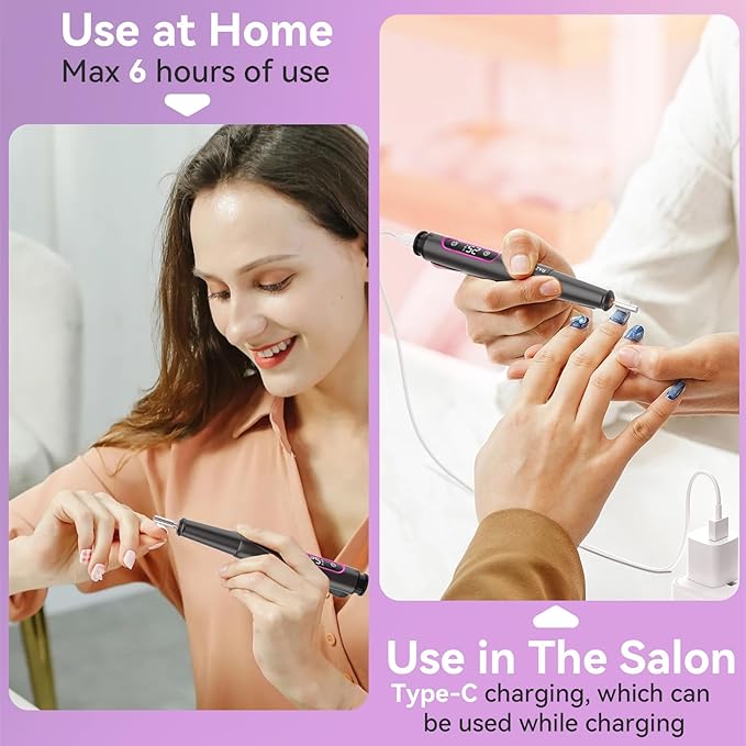 Portable Electric Nail Drill File 5 Speeds 12 in 1 with LED Display Rechargeable Professional Efile for Natural Acrylic Gel Powder Manicure Pedicure Nails, Pink