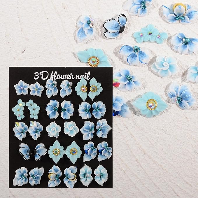 30PCS 3D Handmade Flower Nail Art Charms Advanced Handcrafted Cherry Blossom Flower Colorful Sculpted Floral Nails with Rhinestone Caviar Beads Design for Women Profession Nail Art Craft Jewelry