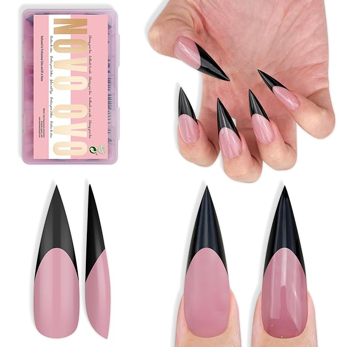 NOVO OVO Black French Tip Long XL Sharp Stiletto Nail Tips Press on BERRY PINK, Soft Gel Double Matte Fake Nail Extension, Full Cover False Nails for Acrylic DIY x 16 Sizes 160 pcs