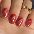 Curvlife Press On Nails Short Square Orange Red - Galaxy Cat Eye Press on Nails with Glue, Bright Orange-Red Magnetic Glitter Glossy Fake Nails Long Lasting False Nail Tips for Women