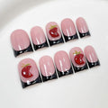 Handmade Press on Nails Short Square Fake Nails Black French Tip Nails Press Ons with 3D Red Fruit Designs False Nails Full Cover Muti-Layer Gel Stick on Nail for Women 10Pcs (Size M)