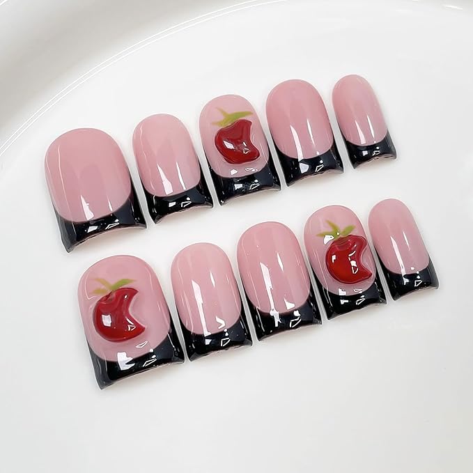 Handmade Press on Nails Short Square Fake Nails Black French Tip Nails Press Ons with 3D Red Fruit Designs False Nails Full Cover Muti-Layer Gel Stick on Nail for Women 10Pcs (Size M)