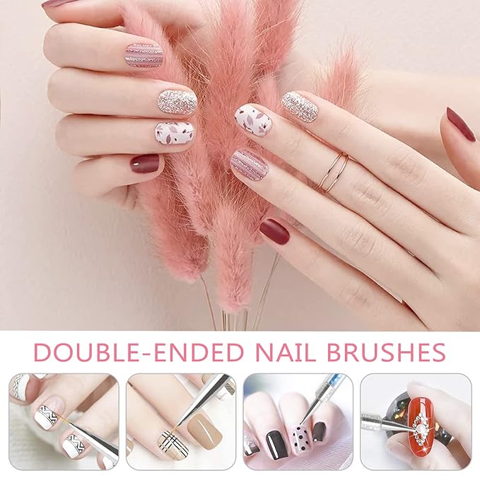 TEOYALL Double-Ended Nail Art Brushes, 5 PCS Nail Design Tools Kit Including Nail Liner Brush and Nail Dotting Pens for UV Gel Nail Home Salon