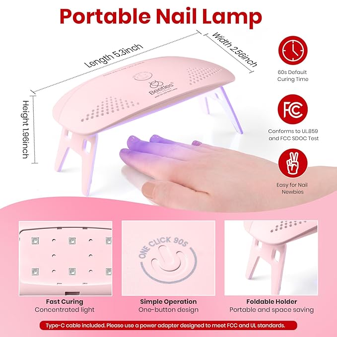 Beetles 22 Pcs HEMA-Free Gel Nail Polish Kit with U V Light - 6 Color Pink Black White Red Shiver Glitter Gel Polish Set Timeless Charm Gift-Ready Package Salon Manicure Kit Women Girls Teens Gifts