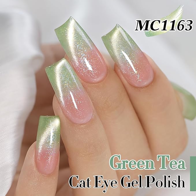 Double Rhythm 0.5 Oz Cat Eye Gel Polish with Magnet Same Color Same Bottle Holographic Glitter Shimmer Translucent Color Salon 15 ML Magnetic Nail Art (Spring Green-MC1163)