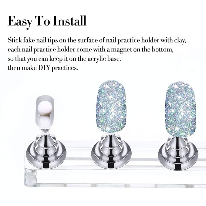 Blulu 2 Set Nail Stand for Painting Press Nail Holder Acrylic Magnetic Tips Training Fingernail Display Stands DIY Crystal Holders and 96 Pieces White Reusable Adhesive Putty(Silver)