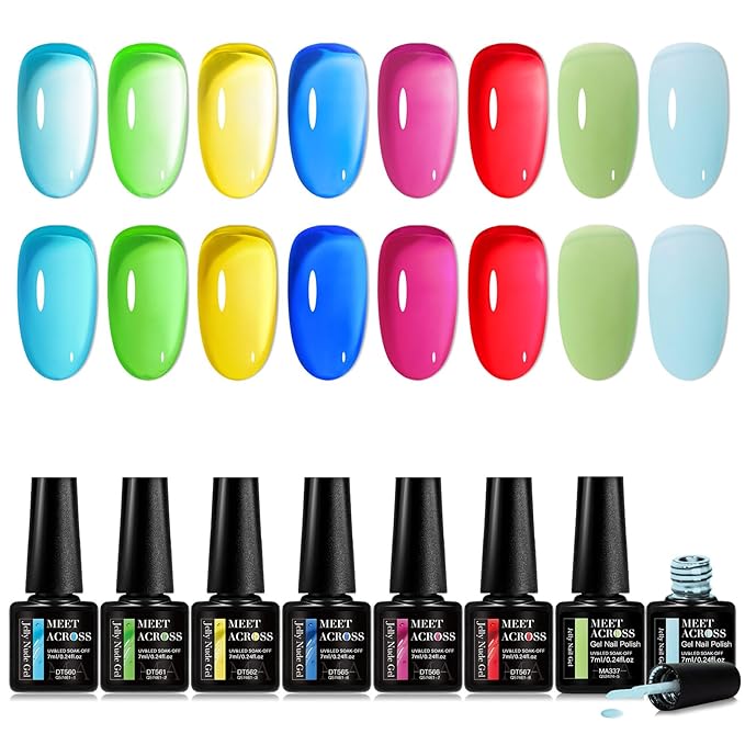 MEET ACROSS Neon Jelly Gel Nail Polish Nude Crystal Gel Polish Hot Pink Red Blue Purple Nail Art Manicure Gifts for Women 8 Colors