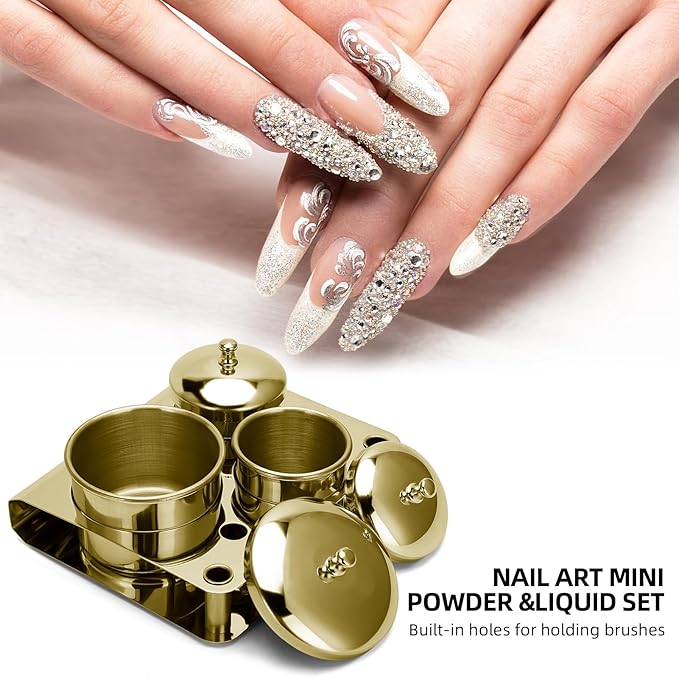 Acrylic Liquid Container 3 PCS Stainless Steel Acrylic Liquid Powder Cup with Lids Dappen Dish Nail Powder Holder Container Nail Art Equipment Tools for Nail Design Tools (Gold)