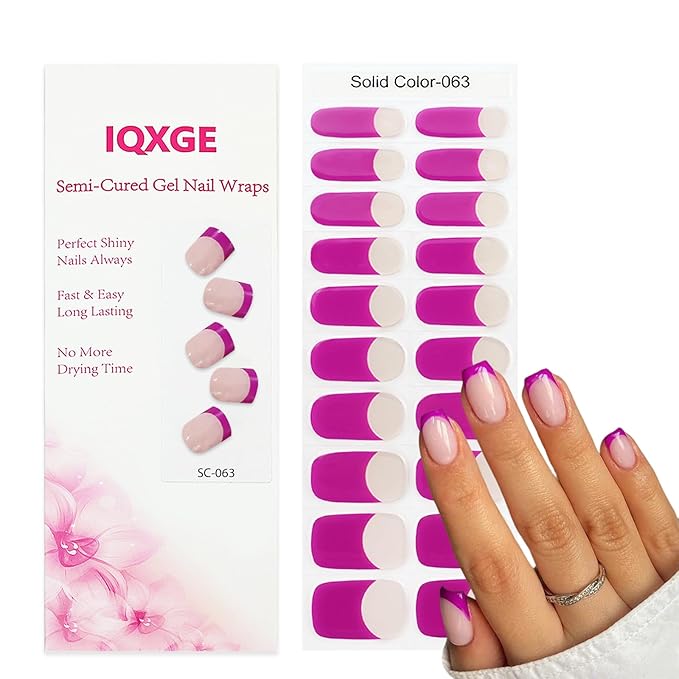 Purple Semi Cured Gel Nail Strips French Tip 20Pcs Magenta Clear UV Gel Nail Stickers Glossy Nails Polish Strips UV/LED Light Needed Self Adhesive Full Polish Nails Wraps for Women