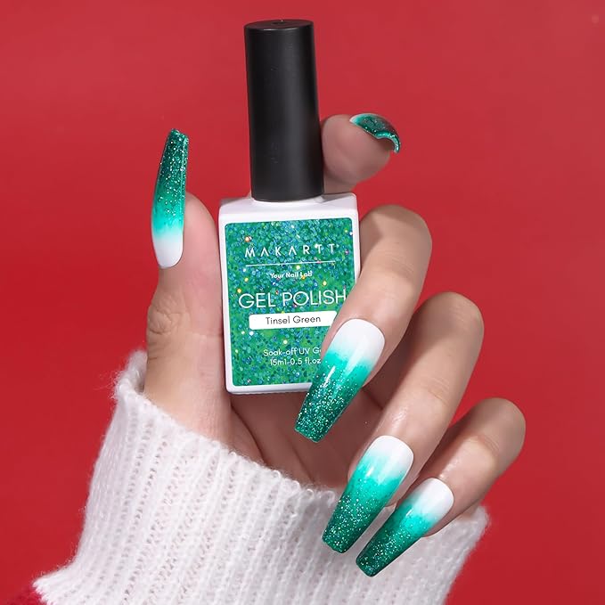 Makartt Christmas Green Glitter Gel Polish - 15ml Sparkly Shimmer Gel, UV Soak Off for Nail Art Design, DIY Home Salon Winter Manicure, Tinsel Green