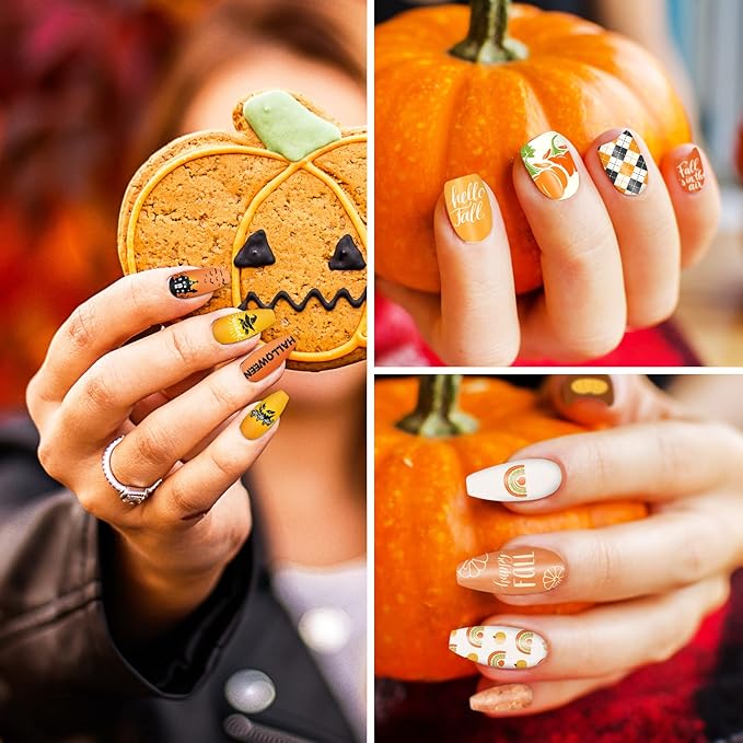 Whaline Fall Halloween Nail Art Stamping Plate Kit Hello Fall Pumpkin Ghost Witch hat Plaid Design Nail Art Set for Autumn Thanksgiving Halloween DIY Print Manicure Salon, Set of 6