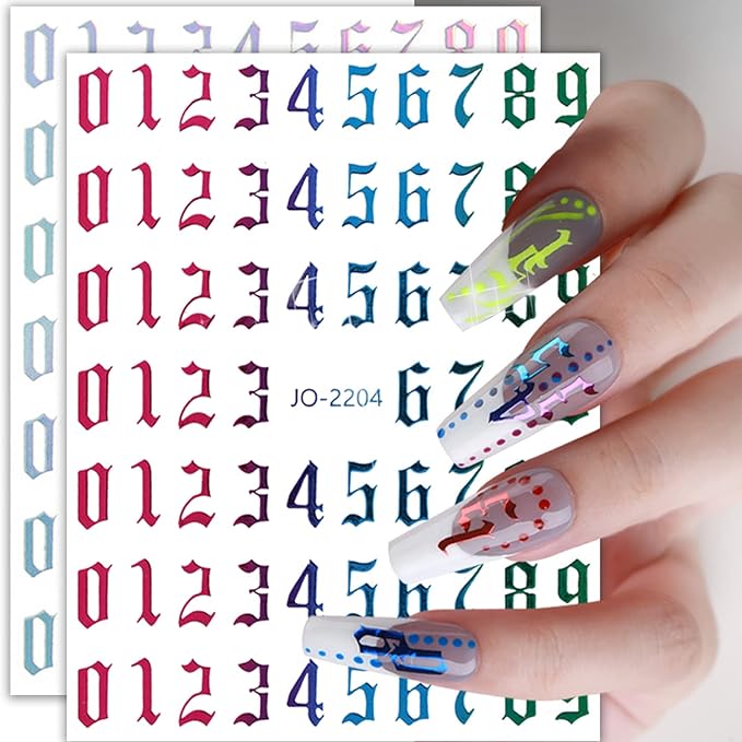 12 Color Nail Art Stickers, 3D Number 0-9 Self-Adhesive Sticker Design, Laser Gold Silver Red Black White Pink Yellow Green Nail Transfer Decals for Women Manicure Decorations