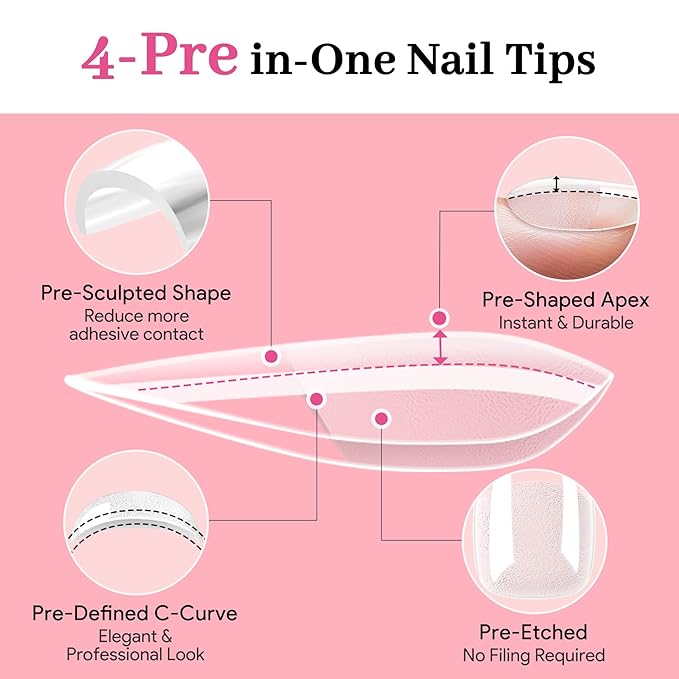 Medium Almond Pre-Building Nail Tips Kit, 15 Sizes 240 PCS Pre-shaped Apex Pink Thick Extensions Tip Soft Half Matte Press On Fake Nails Glue Gel Nail Lamp for DIY Beginners & Salon Manicure