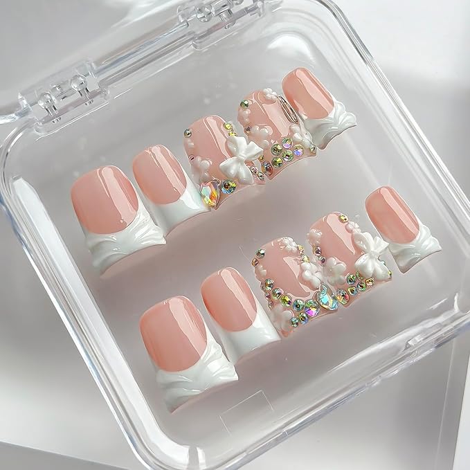 Luxury Press on Nails Short Duck Handmade 3D Unique Reusable ABS Material Fake Nails White French Tip False Nails with Designs Flower Butterfly Rhinestones Glossy Glue on Nail Thick Acrylic Nail(S)
