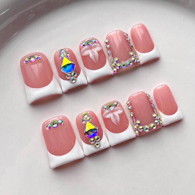French Tip Press on Nails Handmade Short Duck 3D Flower Thick Acrylic Nails Elegant False Nails with Rhinestones Designs Wedding Glossy Fake Nail White Sturdy Art Press on Nail 10Pcs(S)