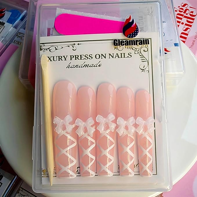 Xxl Press on Nails Extra Long Square Handmade Press-on Nails with Design Pink Press Ons 10pcs M Size Pattern 1103
