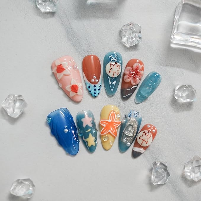 Summer Beach Press on Nails Medium Almond - Blue Ocean French Tip False Nails with 3D Flower Colorful Sea Starfish Designs Full Cover Handmade Stick on Nails (Blue Floral Carving,S)