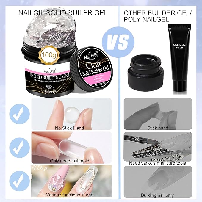 NAILGIL Solid Sculpture Builder Gel,100g Non-Stick Hand Nail Extension Gel for 3D Sculpting Carving Decoration Soak Off UV LED Nail Art Salon, Clear