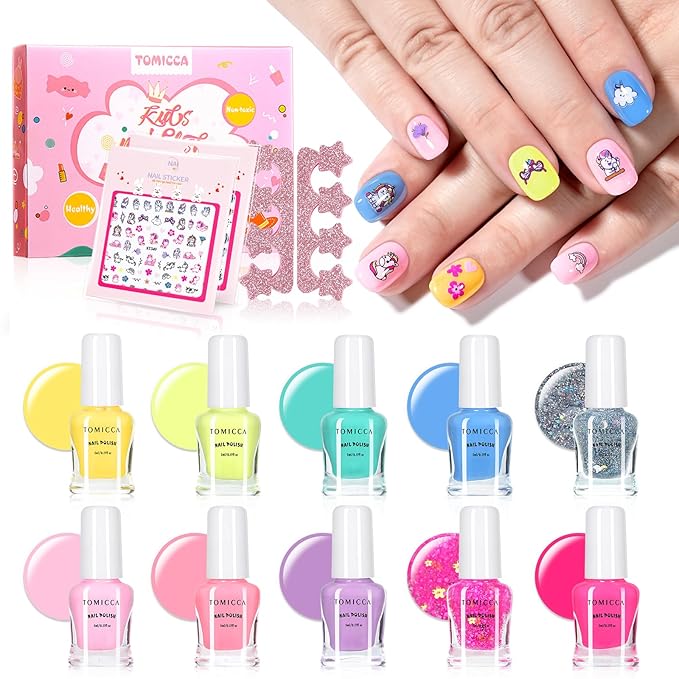 TOMICCA Kids Nail Polish Set, Non Toxic Quick Dry Water-Based Peel-Off 10 Colors Toddler Nail Polish Kit Natural Safe Quick Diy Kids Gifts Kit for Girls Ages 5+