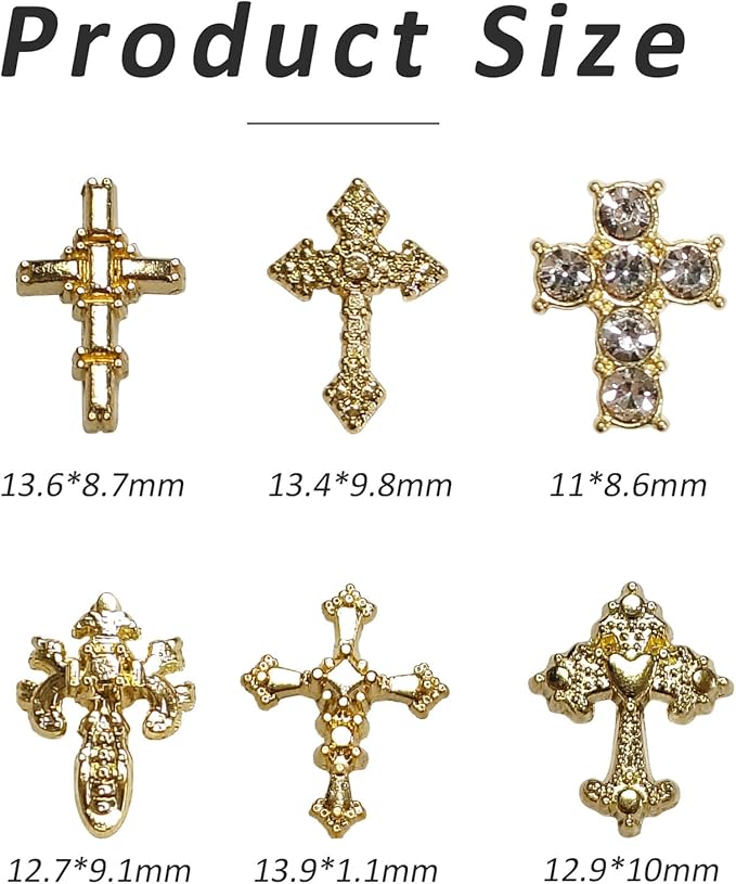3D Alloy Metal Crystal Cross Nail Charms - 60 Pcs Ideal for Women and Girls' DIY Punk Nail Art, with Rhinestones, Great for Salons & Fashion Events (60, Golden)