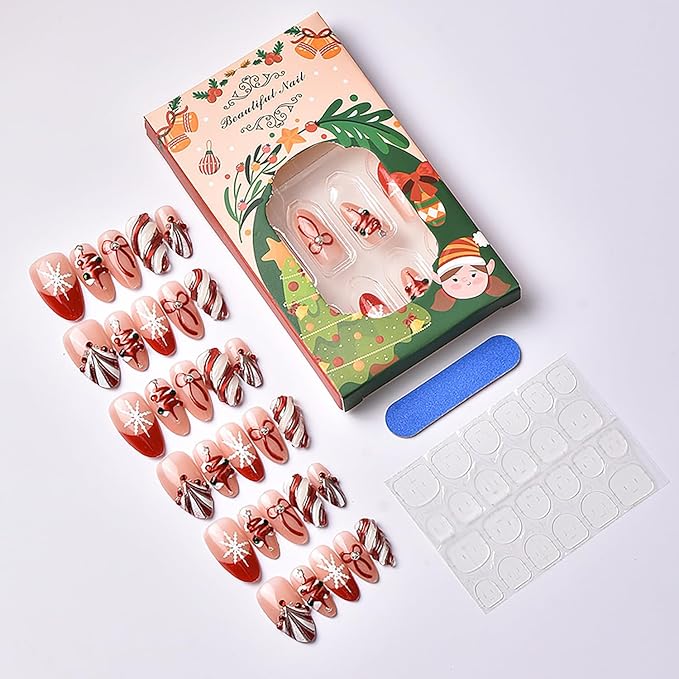 Christmas Press on Nails Medium Almond French Tip Fake Nails with 3d Bow Rhinestones Designs Winter Snowflake Glue on Nails Xmas Tree Full Cover Artificial Acrylic Nail for Women Nail Supplies 30pcs