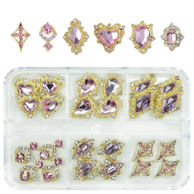 24pcs Pink Nail Luxury Nail Charms Heart Rhinestones Charms 3D Big Nail Gems Crystals Diamonds Jewelry Stones Alloy Studs Supplies Decoration for Arylic Nails Face Makeup DIY Crafts Jewerly