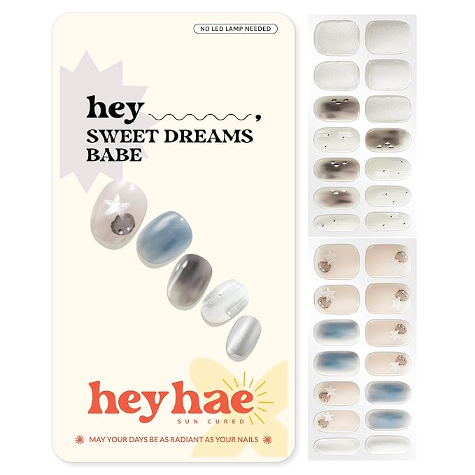 Heyhae Semi Cured Gel Nail Strips | No LED Lamp Needed | Ombre, Blue, White | Easy Apply & Remove, Salon Quality | Includes 28 Strips, 1 Prep Pads, Nail File & Wooden Stick - Hey, Sweet Dreams Babe
