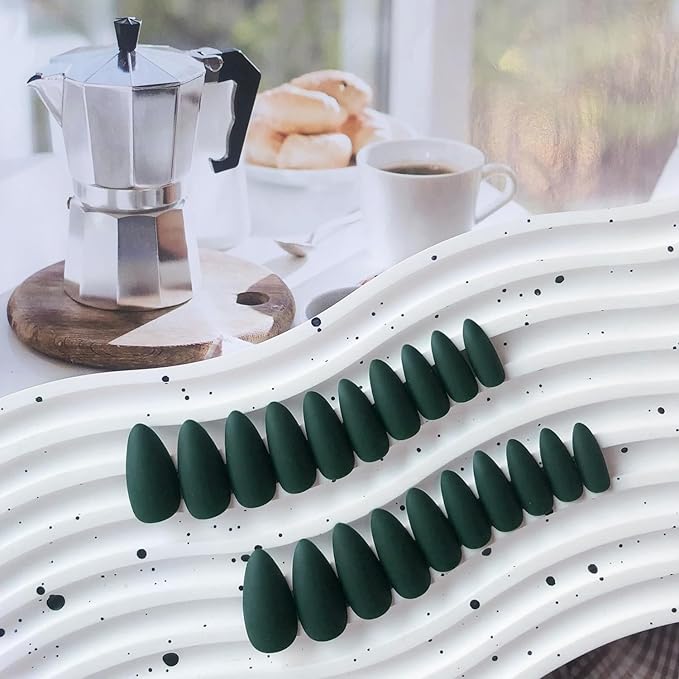Matte Dark Green Press on Nails Almond Shaped Medium Almond Nails Press on Neutral Acrylic Nails Reusable Fake Nails for Women, Glue on Nails Medium Length Stiletto False Nails Gel Artificial Nails
