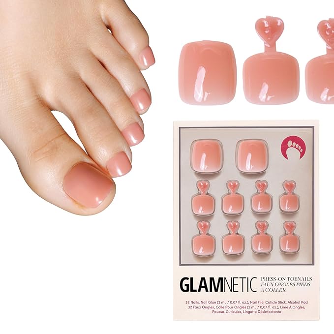 Glamnetic Press On Toenails - Sheer Peach | Natural Peach Semi-Transparent Fake Toe Nails with a Glossy Finish | 16 Sizes - 32 Toe Nail Kit with Glue