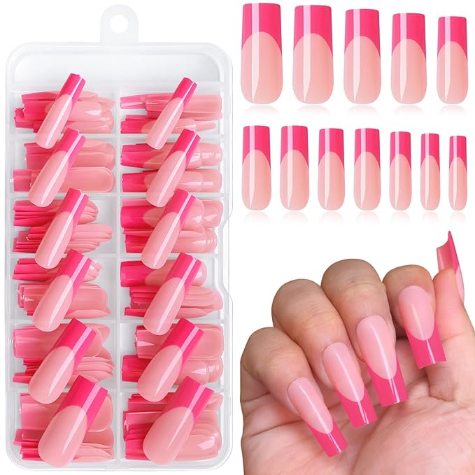 120PC Pink French Tip Press on Nails Long Fake Nails Press ons with 5*Adhesive Tabs, Pink Square Acrylic Nail Press on Nail French Tip Nails False Artificial Fingernails Stick on Nails-E