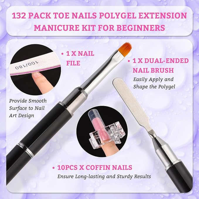 120pcs Long Square Dual Toe Nail Forms Clear Matte Full Cover Toenail Art Mold with Scale for Polygel Extension Beginners DIY Manicure with Dual-ended Brush Nail File Coffin Nails 12 Sizes