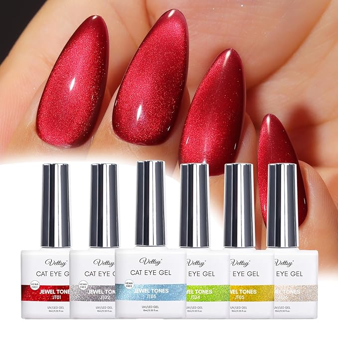 vettsy Magnetic Gel Nail Polish Set with Magnet, 6 Colors Cat Eyes Gel Polish Kit with Cat Eyes Effect for DIY Nail Art Manicure at Home (Jewel Tones)