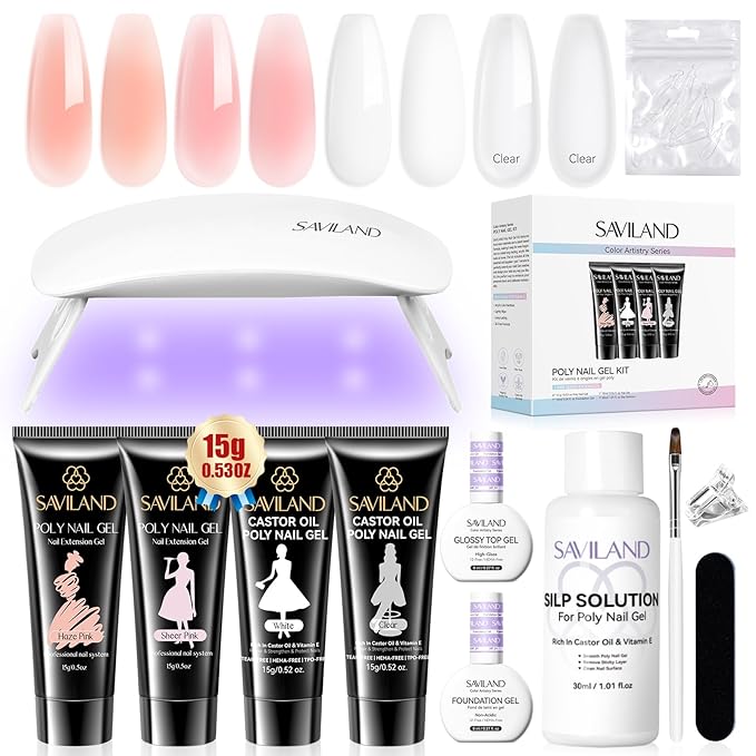 SAVILAND Hema-Free Poly Gel Nail Kit Starter: 4 Colors Natural Clear Poly Nail Gel with U V Lamp Slip Solution Quick Dry Nourish Nails 28 Days Durable DIY Salon Home Use
