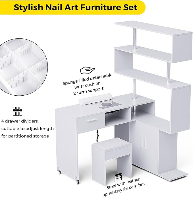 Manicure Table Nail Desk with Dust Collector, L-Shaped Nail Tech Desk with Stool, Two-Way Drawer, Cabinet & Storage Shelves, Rotating Reversible Manicure Workstation on Wheels (White)