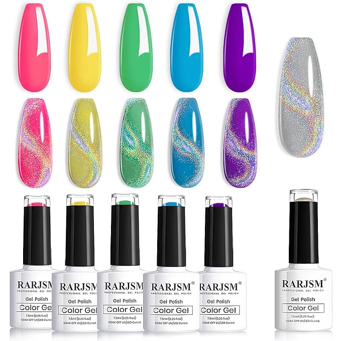 RARJSM Neon Gel Nail Polish Set Cat Eye Gel Nail Polish Set Silver Glitter GelPolish Irridescent Colors Neon Green Yellow Hot Pink Purple Blue 6 Piece Set 7.5ML Curing Required