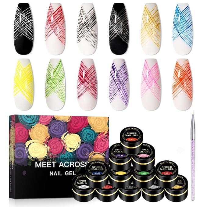 MEET ACROSS 12 Colors Spider Gel for Nail Art With Liner Brush, Soak off UV LED Elastic Drawing Gel, Nail Art Design Paint