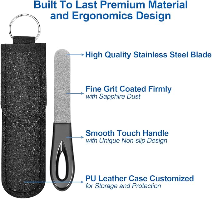 Metal Nail File with Case, 2 Pack Keychain Nail Files for Natural Nails, Fingernail Files Diamond Round Tip Stainless Steel Double Sided Fine Grit Sapphire Filer with Leather Sheath Travel Black