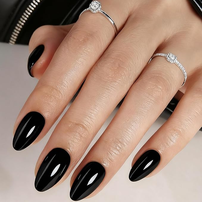 Black Press On Nails Almond -Short Press On Nails with Nail Glue, Fit Perfectly & Natural Reusable Stick On Nails in 12 Sizes - 24PCS Soft Gel Glue On Nails Kit