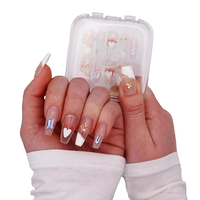 3D Handmade Press On Fake Nails, Long Coffin Shaped, Silver Glitter & Hearts, Acrylic, Gel, Reuseable Kit, For Women Daily Wear, Valentine's Day or Special Occasion (Heart of Gold)