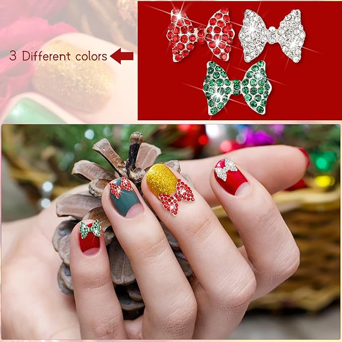 Maitys 24 Pieces Nail Bows Charms Rhinestones 3D Charms Alloy Pearl Bow Knot Accessory for Valentine's Day Women DIY Xmas Salon Jewelry Craft(Red, Green, Silver)