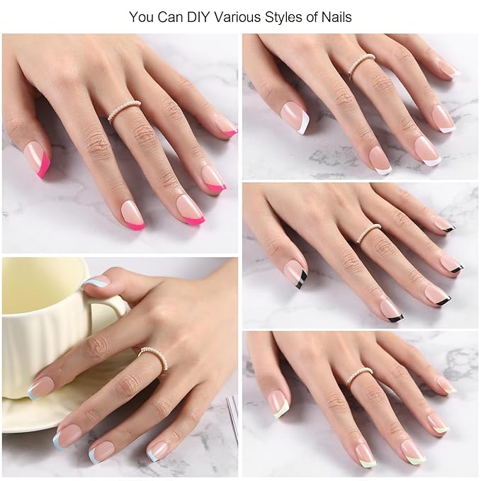Short Square French Tip Press on Nails, Multicolor 150pcs Soft French Gel Nail Tips, No Need to File, Pre-lasting Acrylic Matte Fake Nails Extension for Women Girl Nails Art DIY 15Sizes