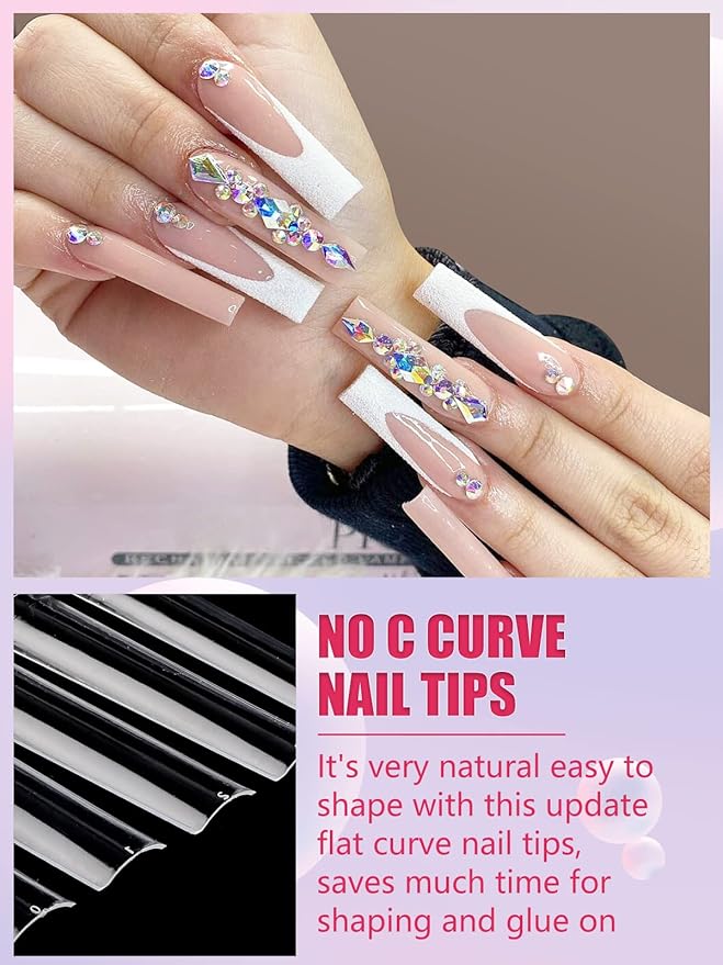 LIONVISON 504PCS No C Curve Clear Nail Tips for Acrylic Nails Professional, 3XL Extra Long Flat Tapered Square Nail Tips, 12 Sizes Half Cover Straight French Fake Nail Tips for Nail Salons Home