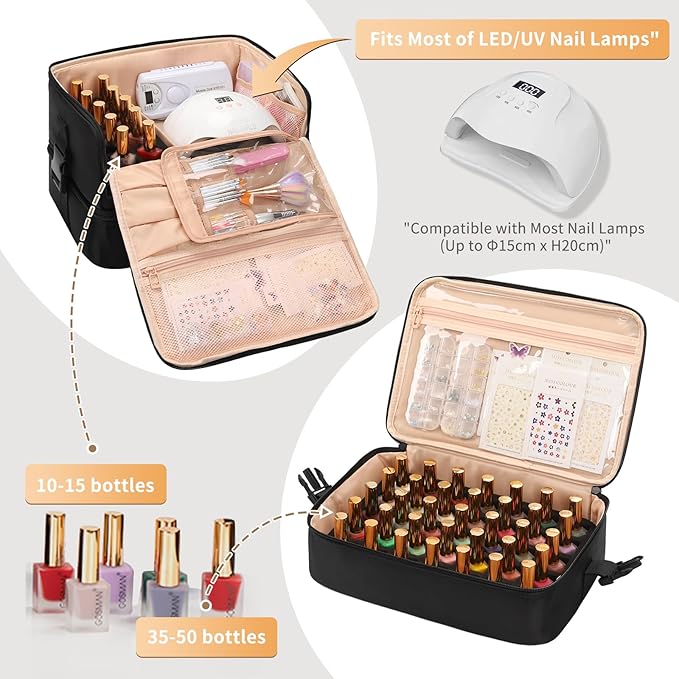 OCHEAL Nail Polish Organizer, Holds Nail Lamp and 45+ Bottles,3 Usage Modes Detachable Nail Storage Bag Travel Nail Tech Case Holds Nail Kit Stuff Manicure Tools -Black