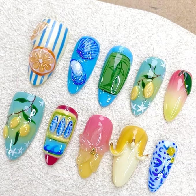 Press On Nails Medium Almond Shape False Nails, Handmade Acrylic Gel Fake Nails with Art Designs, Reusable 10 Pcs 3D Nails for Women DIY Manicure Kit