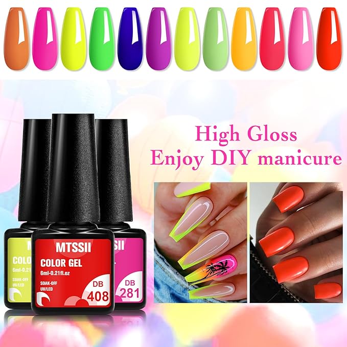 MTSSII Neon Gel Nail Polish Set, 12 Colors Hot Pink Orange Yellow Green Blue Red Purple Spring Summer Nail Polish Set Fluorescent Gel Nail Kit for Home DIY Manicure Nail Salon