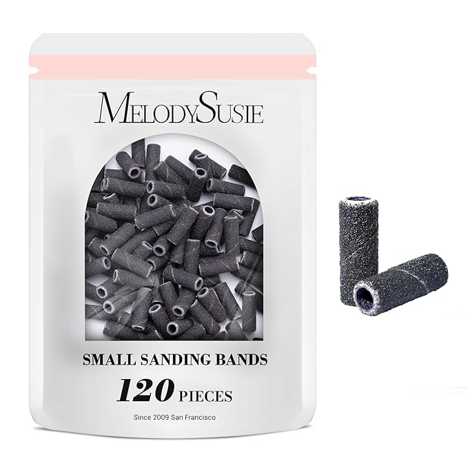 MelodySusie 120 Pcs Nail Drill Bits Small Sanding Bands for 3.1mm Mandrel Bit, 180 Fine Grit Nail File for Acrylic Nails Gel Manicures and Pedicure, Black (Only Sanding Bands)