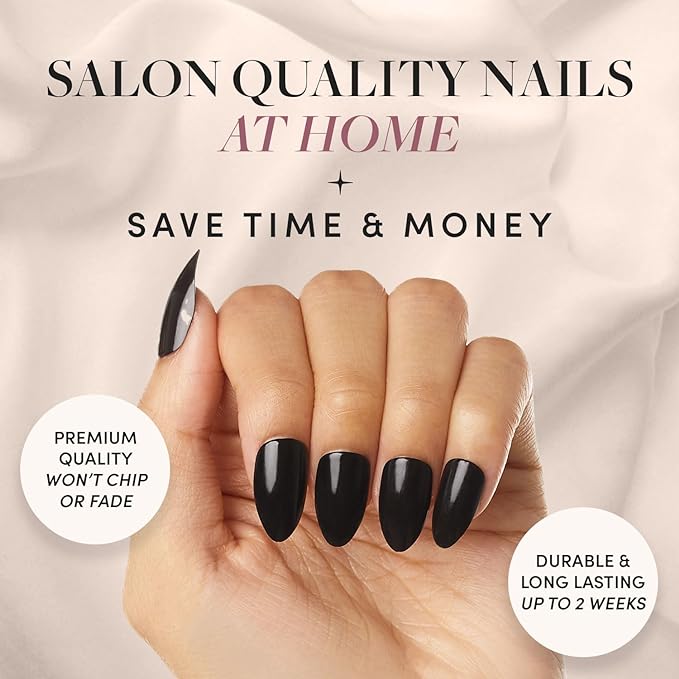 Glamnetic Press On Nails & Brush On Nail Glue Bundle - Boba | Opaque Black Short Almond Nails, Reusable | 12 Sizes - 24 Nail Kit