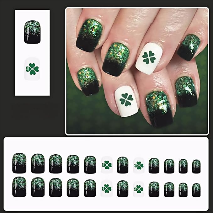 St. Patrick's Day Press on Nails Medium Almond Fake Nail with Winter Green Four-Leaf Clover Designs False Nails Press Ons Stick on Nails Gift for Women 24pcs