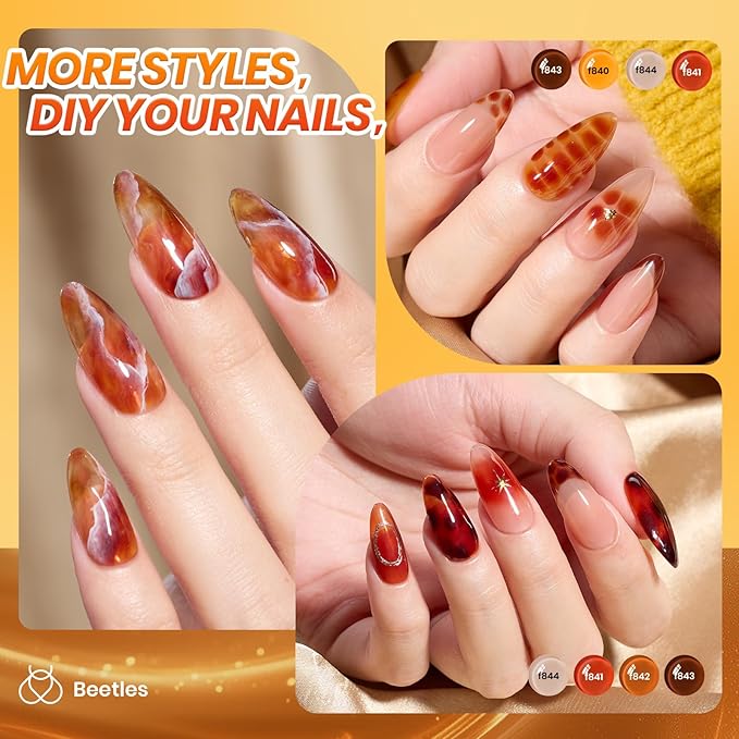 Beetles Gel Nail Polish Set – Amber Chic Jelly Gel Polish with Blooming Gel for Marble Effects, 6 Colors Yellow Red Brown Gray Translucent Soak Off UV LED Autumn Nail Art