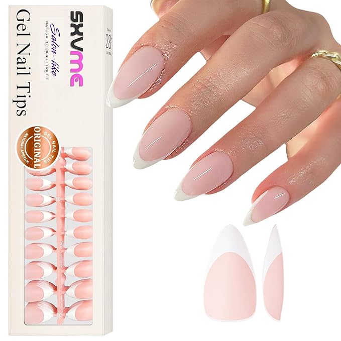 Gel French Tip Nails Medium Almond French Tip Press on Nails SXVME White French Nail Tips 300Pcs Pre-applied Tip Primer Natural Nude Pink Fake Nails Extensions Gel Nail Kit for Women Girls DIY